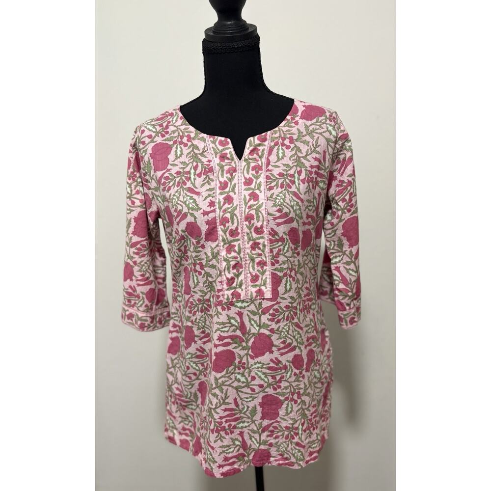 Libas Women’s Pink Floral 100% Cotton Tunic Top Kurti 3/4 Sleeve Size M
